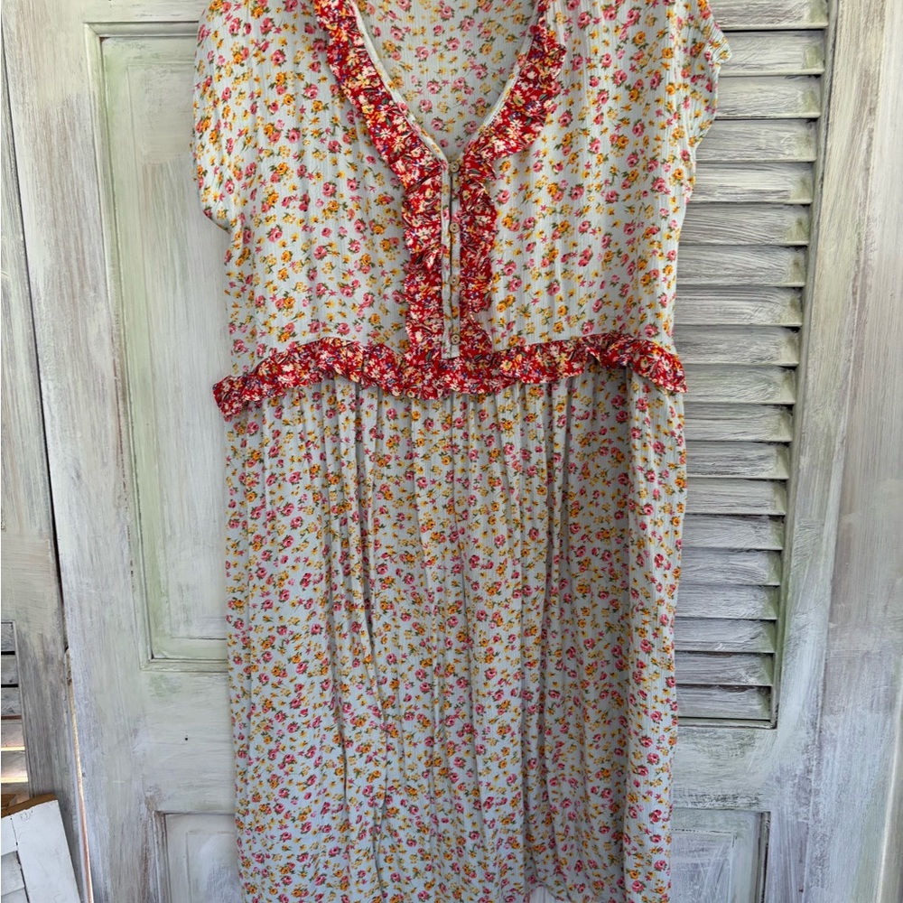 Floral Ruffle Trim Midi Dress in Cream with Pink & Yellow Flowers